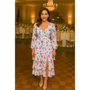 Lulus Sweet Sunday Tiered Midi Dress Womens Size Small Floral Chiffon Cream